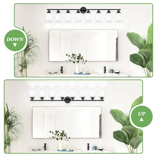 Image of 8-Light Vanity Lights, Black Bathroom Light Fixture with Striped Textured Milky White Glass Shade, Modern Vanity Lighting Fixture for Bathroom Wall Light Over Mirror, E26 Wall Sconce