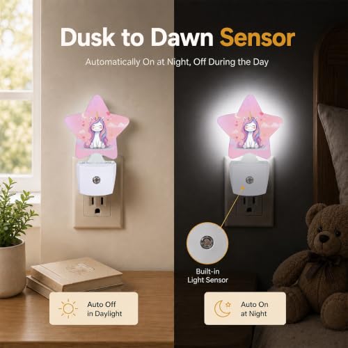 Image of Star Night Light Plug in, Pink Unicorn Dusk to Dawn Sensor Night Light, Soft Glow Lamp for Kids Bedroom Nursery Hallway Bathroom, Energy Saving Compact Design