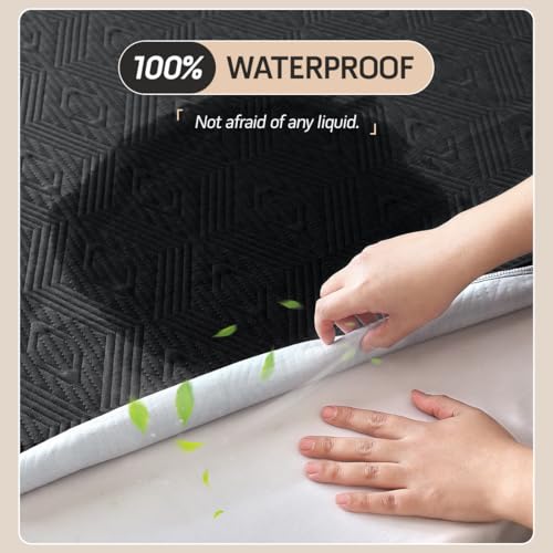 Image of Black Premium Jacquard 100% Waterproof King Mattress Protector, Noiseless, Anti - Slip, Breathable Bed Cover, Rayon from Bambo, Quilted, Mattress Pad Sheet, Deep Pocket 8 inch-21 inch
