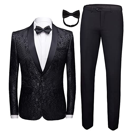 Mens 2 Piece Floral Suit Jacquard Dress Set One Button Print Slim Fit Vintage Dinner Jacket Pants for Wedding Daily Prom Black - Image 5