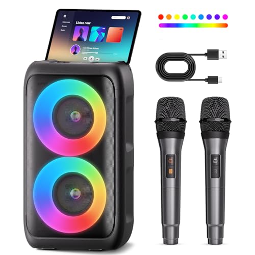 Karaoke Maschine, Karaoke Anlage Mit 2 Mikrofonen, Tragbare Karaoke Maschine Mit 2 Drahtlosen Mikrofone, Bluetooth Lautsprecher Box Für Erwachsene/Kinder Mit Led Lichteffekte,...
