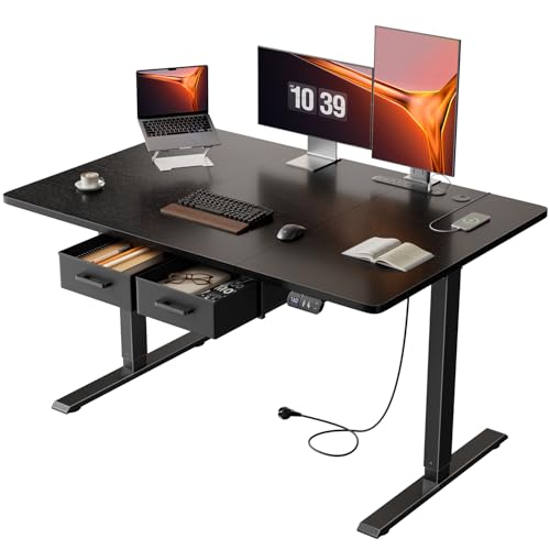 Precision Synergie Electric Standing Desk with 2 Drawers, 120 x 80 cm Height Adjustable Standing Desk with Power Outlets and USB Ports, Sit Stand Table with Memory Smart Pannel for Home Office, Black