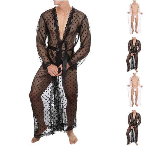Cambkatl Men's Sheer Lace Robe Full Lenght Sissy Lingerie Bathrobe Kimono Cardigan Long Sleeve Nightgown2
