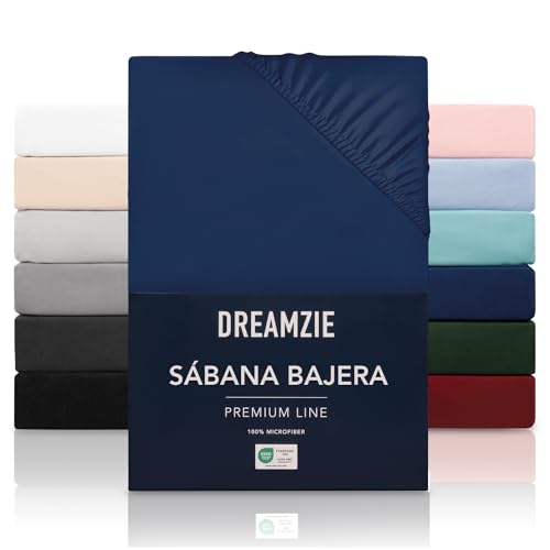 Dreamzie Sabanas 150x200 cm - Grandes Solapas de hasta 33 cm - 100% Microfibra - Azul Oscuro - Certificada sin Productos Químicos (Oeko Tex), Sabanas bajeras Completamente Elásticas