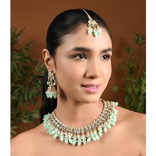 Image of I Jewels Gold Plated Traditional Kundan Pearl Meenakari Choker Necklace Jewellery With Jhumka Earrings Set For Women /Girls