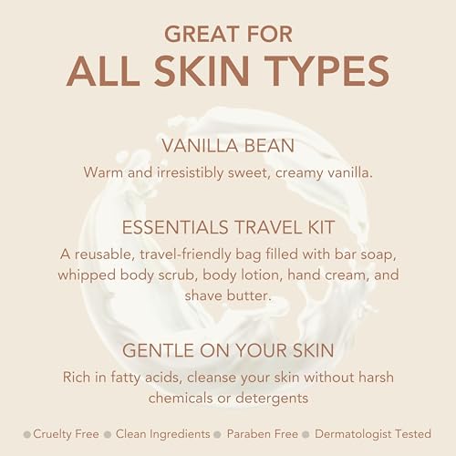 Image of Dionis Goat Milk Vanilla Bean Hand Cream, Body Lotion, Whipped Body Scrub, Shave Butter, Bar Soap 6 oz & Carrying Case 6-Piece Travel Set