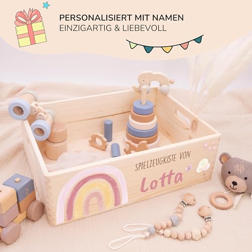 Kidsmood - Spielzeugkiste aus Holz mit Wunschnamen | Aufbewahrungsbox Kinder Spielzeug & Bücher | Praktische Holzkiste als Deko Kinderzimmer oder als Personalisierte Geschenke Baby zur Geburt & Taufe