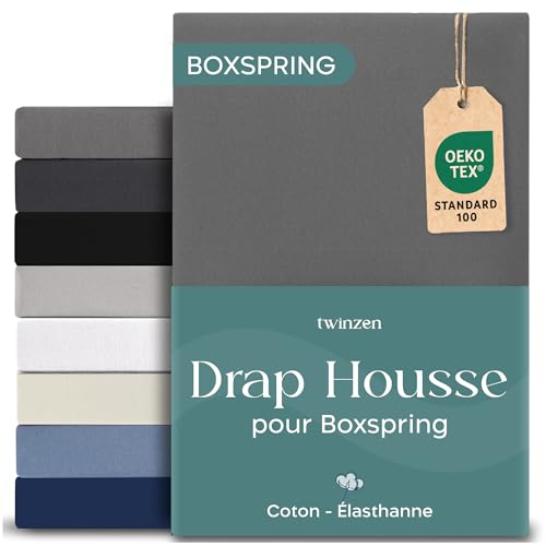 Twinzen Drap Housse 140x200 cm Premium, Coton avec 5% Elasthanne - Bonnet Profond 40cm pour Matelas Épais/Boxspring - Anthracite - Oeko-Tex
