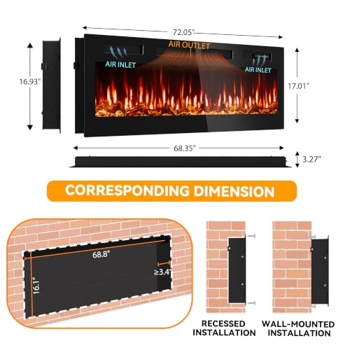 Image of Tehanld 72 inch Ultra-Thin Electric Fireplace Heater, Recessed Wall Mounted | 60-99F Thermostat, 0 /750 /1500W, Child Lock, Realistic Flame, Log & Crystal, Linear Design for Large Room Built-in