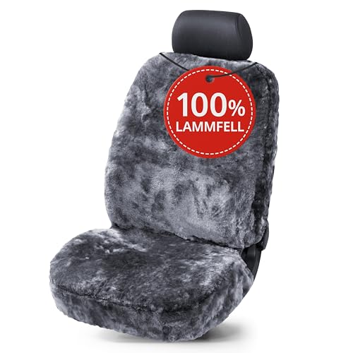 Walser Lammfell Sitzbezug für Auto Trish, Auszeichnung Sehr Gut* Lammfell Autositzbezug, Lamm Fell Sitzbezug, 1 Stück Fell Sitzbezüge Auto Vordersitze, weicher Fellbezug Autositz anthrazit