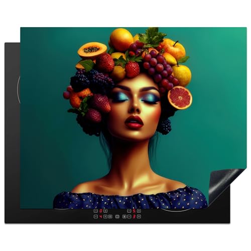 KitchenYeah© Induction Hob Protector Mat 20.5x25.6 / 65x52 cm Cooker Top Protectors Cover Ceramic Covers Electric Hobs Vinyl Woman - Headdress - Tropical - Fruit - Grapes