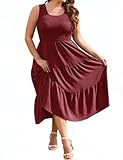 heekpek Plus Size Summer Dresses for Women Sleeveless Vest Dresses Midi Elegant U Neck Ruched Front Beach Dress Flowy Summer Dress with Pockets, Burgundy, XL