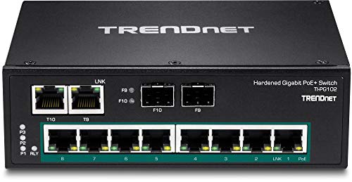 Image of TRENDnet 10-Port Industrial Gigabit PoE+ DIN-Rail Switch, TI-PG102, 8 x Gigabit PoE+ Ports, DIN-Rail Mount, 2 x SFP Slots, 240 W PoE Power Budget, Network Switch, IP30, VLAN, QoS, Renewed