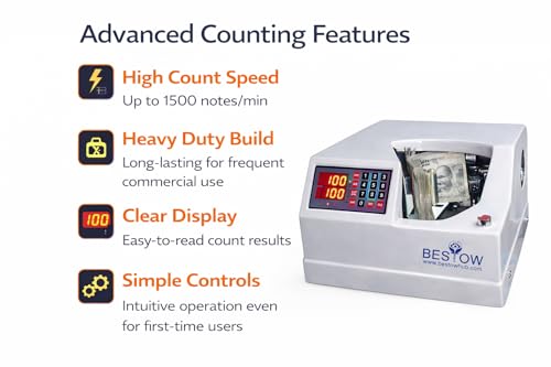 Image of Bestow Heavy Duty Currency Counting Machine | 1500 Notes /Minute High-Speed Note Counter for Bank, Office & Home Use (White)