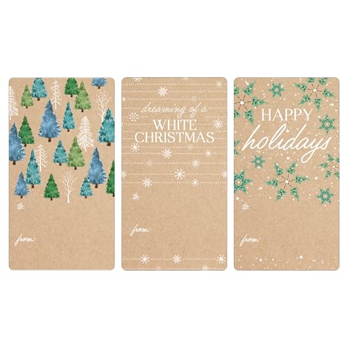 Blue and Green Christmas Gift Tag Stickers, Kraft Tree Design, 42 Count