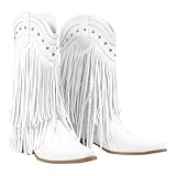 Women Fringe Cowboy Cowgirl Boots Pull On Western Mid Calf Booties Lizzy-15 White 8