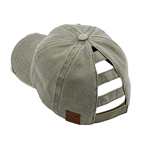 Funky Junque Ladder Back Hat Womens Baseball Cap Distressed Ponytail - Olive #TOP6