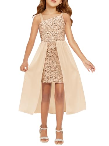 Haloumoning Girls Sequin Dresses Kids Fashion Sparkly One Shoulder Birthday Party Prom Dress 4-14 Years Gold