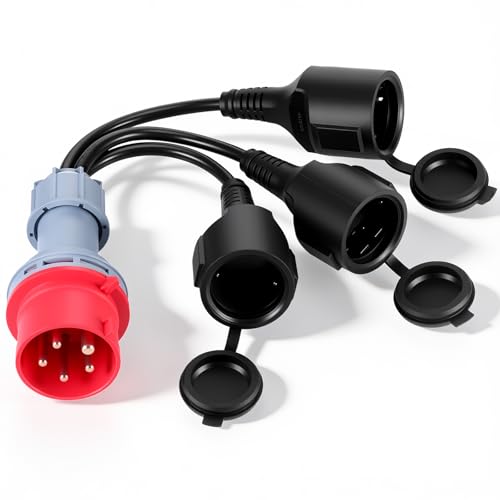 Starvortex Adaptateur CEE, 400 V 16A vers 3 x 230 V Prises Schuko, Répartiteur de Courant IP44 avec Couvercle Rabattable, Câble Adaptateur CEE pour Caravane, Industrie et Extérieur