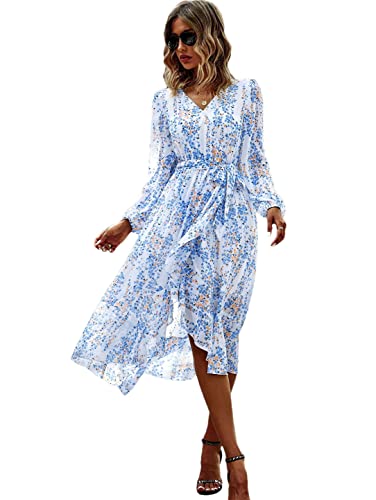 Robe de soirée mi-mollet à manches lanternes de cocktail chic col en V
