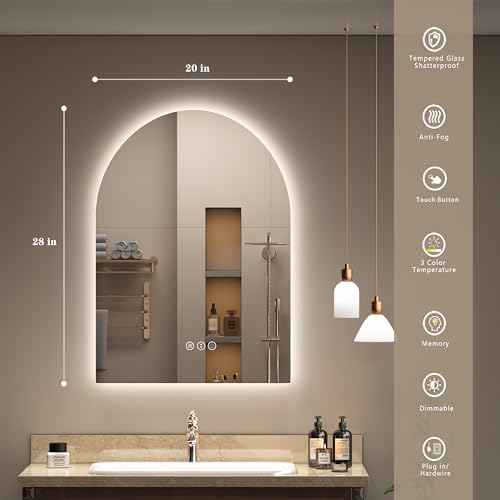 Image of 20x28 Inch Backlit Arched LED Mirror for Bathroom | Dimmable Lighted Vanity Mirror for Wall, Anti-Fog, 3 Colors, Tempered Glass, Memory, ETL Listed