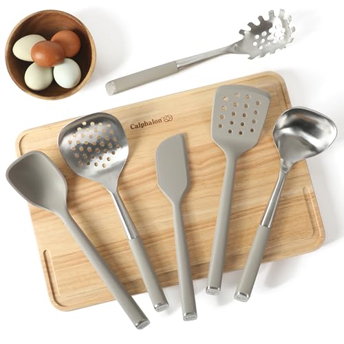 Image of Calphalon Edge 6-Piece Stainless Steel and Silicone Kitchen Tool Set, Kitchen Utensil Set, Scraper, Skimmer, Spoon, Ladle, Turner, Pasta Server, Heat Resistant Nonstick Safe Cooking Utensils (Taupe)