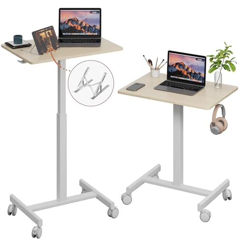 Image of Mobile Desk on Wheels, Pneumatic Height Adjustable, Maple+White | 18.9 x 25.6 in Desktop, 26.1-40.1 in Height, Pneumatic Lift, T-Shaped Single Column Base, Lockable Casters, 22 lb Capacity