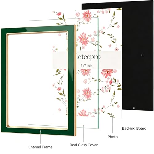 Image of eletecpro 5x7 Enamel Picture Frame with Real Glass Cover, Cute Photo Frame with Gold Metal Edge, Horizontal and Vertical Display Pictures 5 by 7 for Tabletop and Wall Decor, Green, 1 Pack