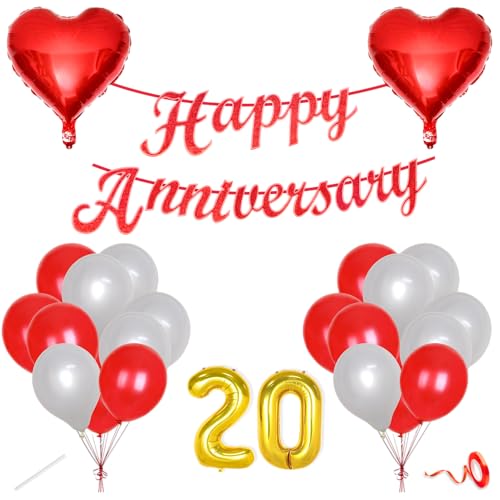 Image of Flyloons 20th Happy Anniversary Decoration Items Red White for Men Women Husband Wife Mom Dad Parent Couple Home Bedroom Car With 20 Pcs Metallic Balloons Anniversary Banner 2 Pcs Heart Set Kit