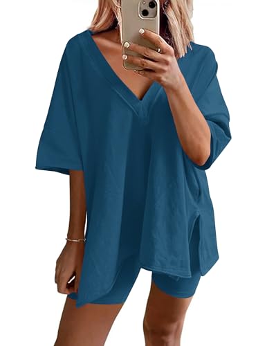 Image of Ekouaer Womens Pajamas 2 Piece Lounge Sets Oversized V Neck T-Shirts Tops Biker Shorts Set Workout Reversible Tracksuit S-XXL