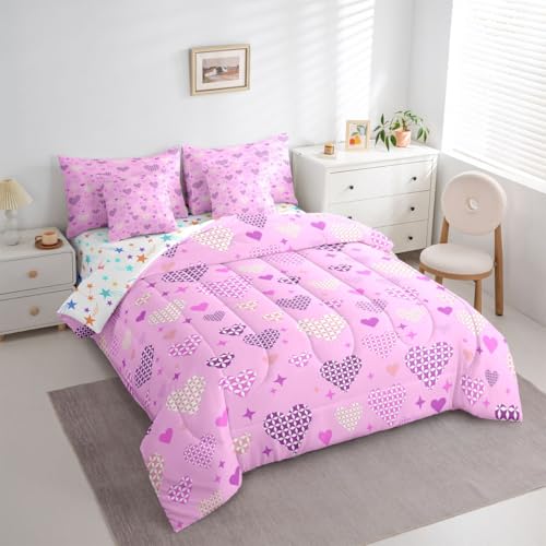 Image of Erosebridal Love and Heart 7 Pcs Bedding Set Cute Heart Pattern Queen Comforter Set for Girls Kids Purple Valentine Bed in A Bag with Flat and Fitted Sheet Love Geometric Bed Set