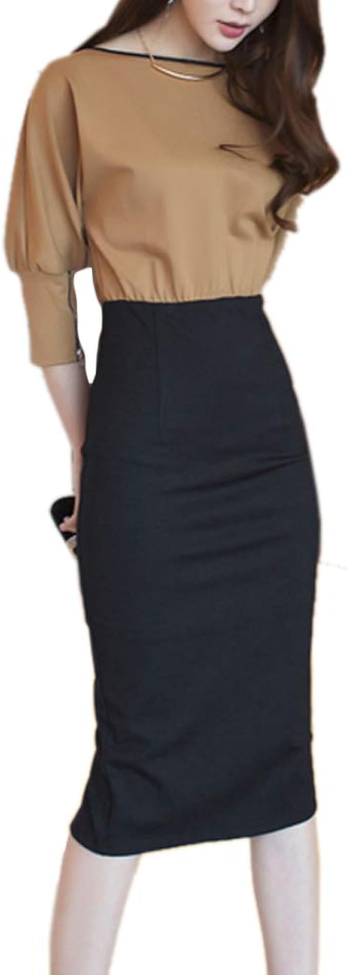 Amazon Co Jp Habille ﾊﾋﾞｰ レディース ワンピース キャメルワンピース 切り替え セット風 タイトスカート 大きいサイズ 通勤服 八分袖 おまけ付 キャメル 服 ファッション小物