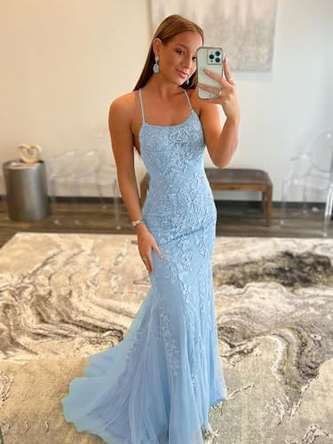 Dymaisei Sparkly Lace Prom Dresses Long Spaghetti Straps Tulle Formal Dresses Backless Evening Gowns2