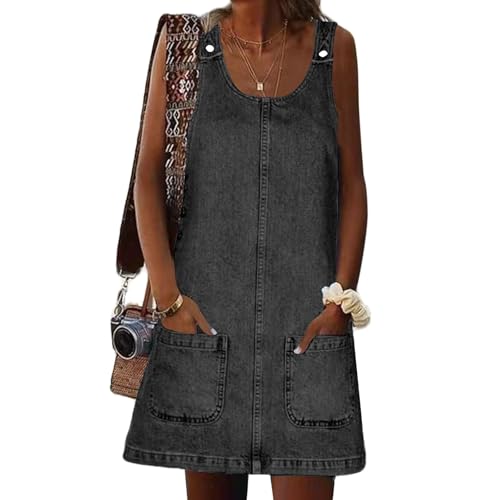 Image of Xaspee Denim Overall Dress for Women Casual Mini Sleeveless Jean Vintage Jumper Skirt Dress with Pockets