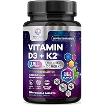 Vitamin D3 K2 - 5000 iu Vitamin D3 & 100 mcg Vitamin K2 MK-7 per Serving - Calcium Absorption, Bone & Heart Health Support - Berry Chewable, Gluten Free, Non-GMO, Bottled in USA - 60 Tablets