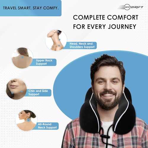 Image of Neodrift TravelNeck Pro - Memory Foam Travel Neck Pillow with Head Support for Airplane, Car, Train, Bus, and Home Usage with Velvet Cushion (Black)