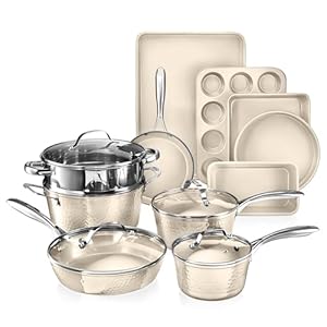 Gotham Steel Hammered 15 Piece Pots and Pans Set Non Stick Cookware Set, Pot and Pan Set, Kitchen Cookware Sets, Non Toxic Ceramic Cookware Set, Induction Cookware, Dishwasher Safe, Cream White