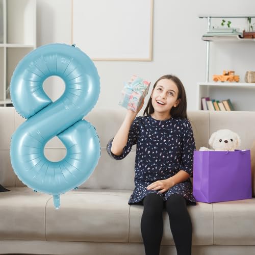 Image of 8th Birthday Number Balloons for Kids, 40 Inch Foil Number 8 Balloons Baby Pastel Blue, Helium Large Self Inflating Mylar 8 Balloons for Boys 8th Birthday Party Decor Anniversary Decoration Supplies