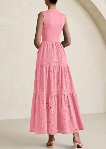 Image of PRETTYGARDEN Summer Dresses for Women 2026 Casual Eyelet Sleeveless Wedding Guest Maxi Dress Tank Top Sundress with Pockets