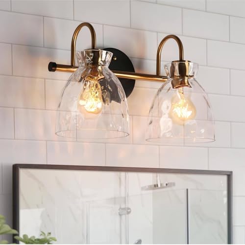 Image of KSANA Modern Bathroom Vanity Lights, 2 Light Vanity Light Fixtures for Bathroom Black and Electroplated Brass Finish Mid-Century Wall Lamps with Water Ripple Glass