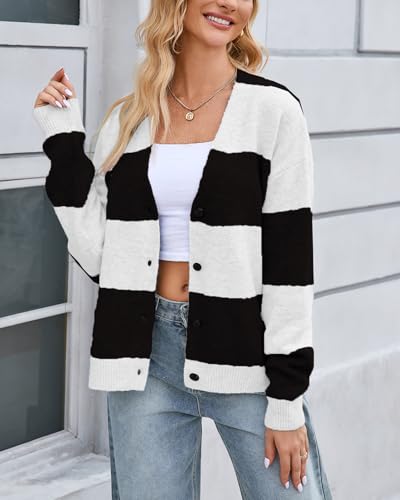 Image of YEXPINE Unisex Striped Cardigan Sweaters Open Front Long Sleeve Oversized Button V Neck Knit Outwear