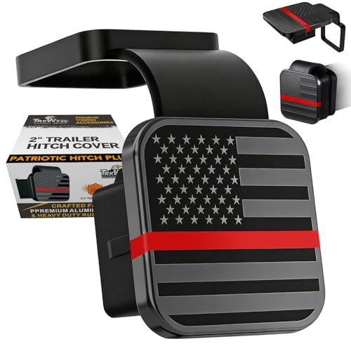 TrkWyze American Flag Trailer Hitch Covers, CAR-WASH-Safe, UV-Resistant, Aluminum Flag Hitch Cover, Hitch Cover for 2 Inch Receivers, Patriotic Tow Hitch Covers for SUVs, Trucks (Red Line)