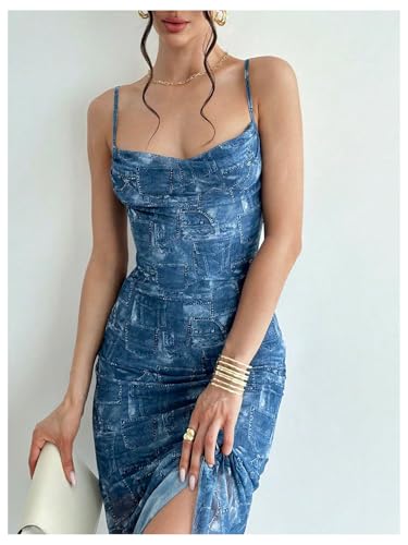Image of GORGLITTER Women's Floral Wedding Guest Derby Midi Dress Cocktail Summer Boho Beach Going Out Fishtail Sun Dresses Blue X-Small