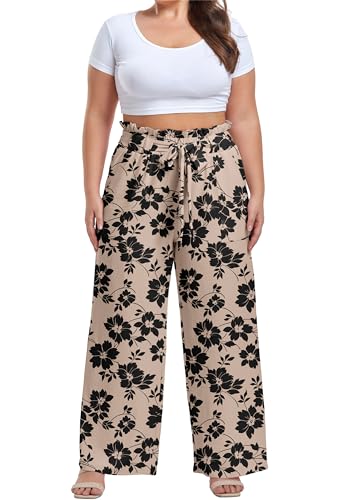 Image of OLRIK Women's Plus Size Pants Adjustable High Waisted Wide Leg Palazzo Pants Casual Trousers with Pockets Spring Clothes