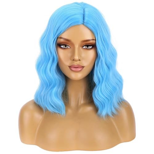 Image of BERON Blue Wigs for Womens Short Curly Wavy Wig Girls 14 Inch Sky Blue Colored Side Part Wigs Shoulder Length Heat Resistant Synthetic Cosplay Party or Daily Use Wigs