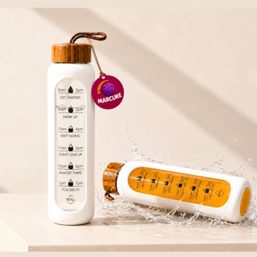 Image of Borosilicate Glass Water Bottle with Silicone Sleeve | Natural Bamboo lid | perfect for Home, Fridge, Office, Gym, Travel | BPA Free | White
