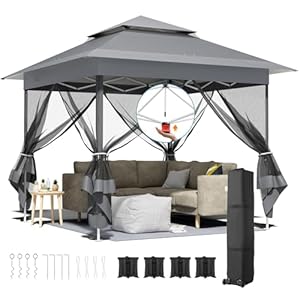 Paviljoen, 3,3 x 3,3 cm, met 4 muggennet zijpanelen, One Push vouwpaviljoen, waterdicht, stabiel, dubbel dak, partytent, uv-bescherming 50+, tuinpaviljoen, 4 zandzakken, voor patio/markt/camping,
