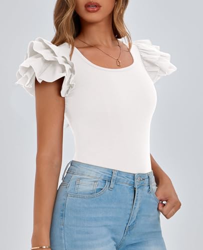 PRETTYGARDEN Women's Ruffle Short Sleeve Shirts 2025 Summer Casual Basic Tee Cute Fitted Crew Neck Fashion Tops Clothes4