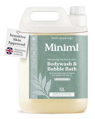 Miniml All Natural Body Wash and Bubble Bath - 5L Refill Moisturising Tea Tree and Mint Sensitive Skin Eco Shower Gel Bath Soak - Vegan Friendly Hand Face & Body High Foam Scrub