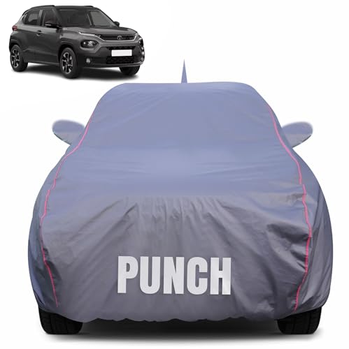Image of 100% Waterproof Car Body Cover for Tata Punch (2021-2025) with Mirror Pocket (Heat & UV Resistant, Triple Stitched, Soft Lining, Bottom Elastic & Piping) Grey